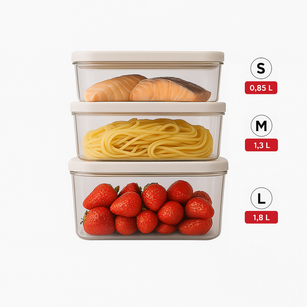Set di 3 contenitori sottovuoto (S, M, L) realizzati in polimero SAN di alta qualità, senza BPA